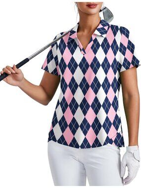 Womens Black Pink Plaid  Golf Shirt UPF50+ Short Sleeve V-Neck Tennis Collared T